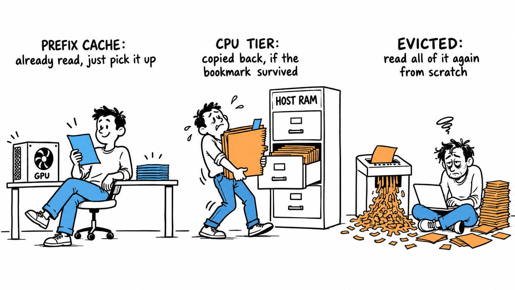 Cartoon in three scenes. Under PREFIX CACHE: already read, just pick it up, a relaxed worker at a desk beside a box labelled GPU reads a blue page from a neat blue stack. Under CPU TIER: copied back, if the bookmark survived, a sweating worker hauls a thick orange folder with one blue bookmark from a filing cabinet labelled HOST RAM. Under EVICTED: read all of it again from scratch, a tired worker sits on the floor by a shredder spilling orange shreds, retyping from a pile of orange pages.