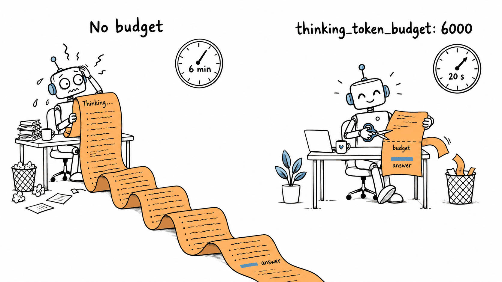 Cartoon in two panels. Under No budget, a frazzled robot unrolls an endless orange scroll headed Thinking that spills across the floor, with the answer a tiny line at the far end. Under thinking_token_budget: 6000, a calm robot snips a short scroll at a dashed budget line, with the answer just below the cut.