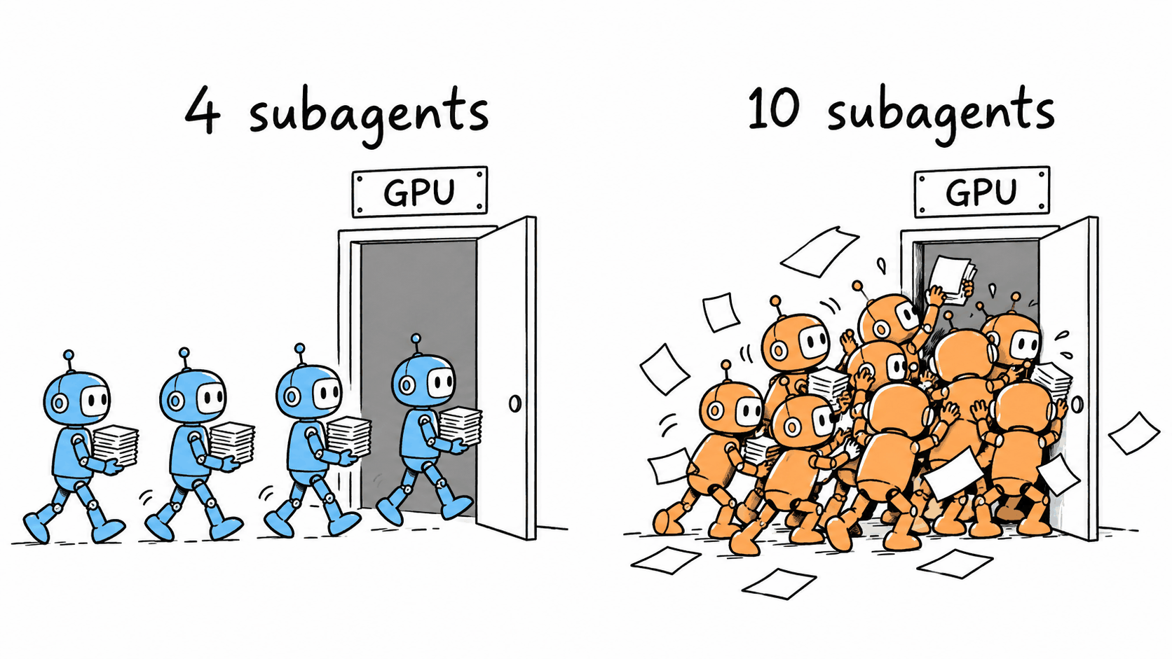 Cartoon in two panels. Under 4 subagents, four blue robots carrying papers walk single file through a door marked GPU. Under 10 subagents, ten orange robots jam the same door at once, with papers flying.