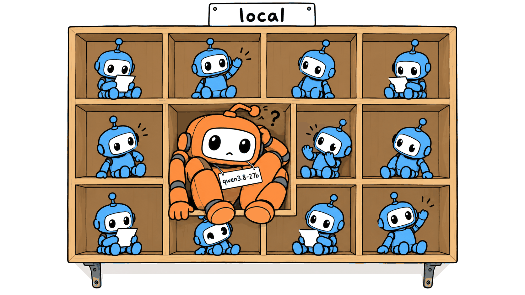 Cartoon: a wooden wall cabinet of small pigeonholes under a sign reading local, each holding a tiny blue robot. A big orange robot wearing a name tag that reads qwen3.8-27b is crammed into a pigeonhole far too small for it, with its antenna bent and a question mark over its head. A small blue robot is squashed below it, and the robots next to it stare.