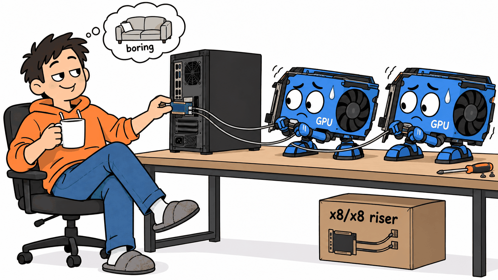 Cartoon: a relaxed person in a hoodie and slippers leans back in an office chair with a coffee mug, plugging a small green card into a tower PC one-handed, with a thought bubble showing a sofa and the word boring. Two thin cables run from the card to two chunky blue graphics cards labelled GPU standing on the desk, both wide-eyed and sweating as they look at the cables. A cardboard box on the floor is labelled x8/x8 riser.
