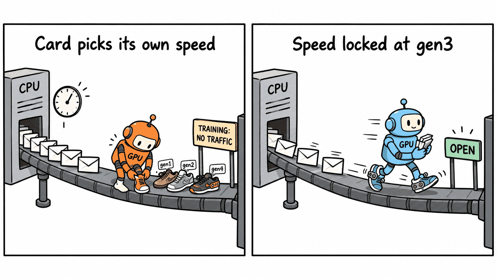 Cartoon in two panels. Under Card picks its own speed, an orange robot labelled GPU has stopped halfway along a cable walkway from a tower labelled CPU to change its shoes again, with discarded pairs labelled gen1, gen2, and gen4 beside it, a sign reading TRAINING: NO TRAFFIC, and a queue of envelopes backed up at the CPU end under a clock. Under Speed locked at gen3, the same robot in blue jogs along the walkway carrying envelopes past a green OPEN sign.