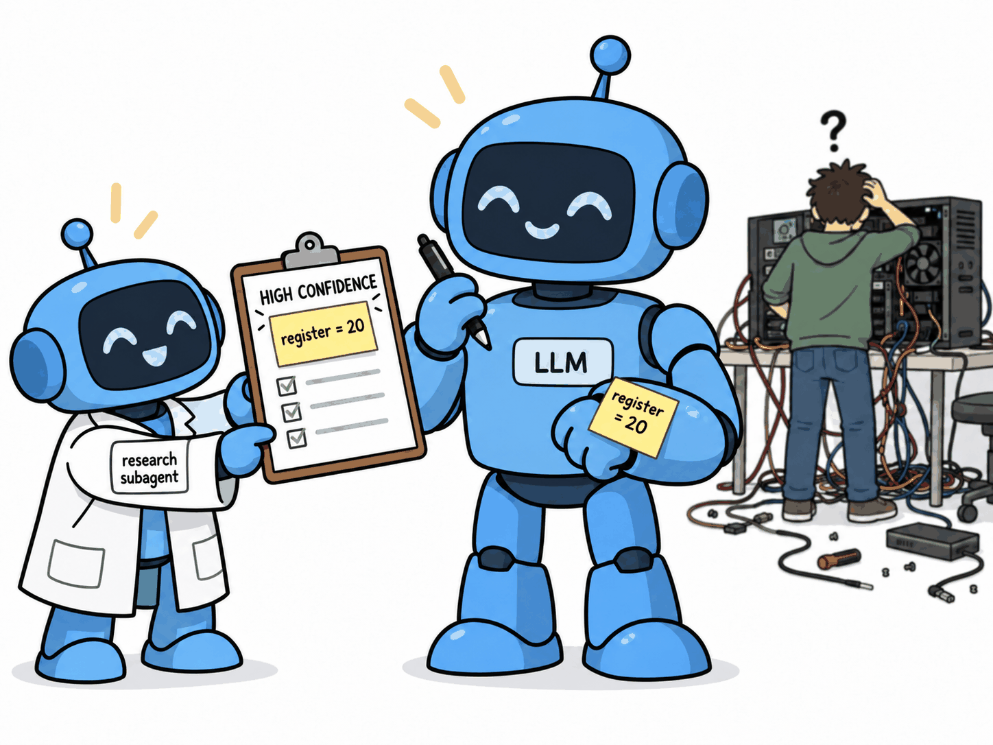 Cartoon: a small blue robot in a lab coat labelled research subagent proudly holds up a clipboard headed HIGH CONFIDENCE, with a yellow sticky note reading register = 20 as its top item and three ticked boxes below. A larger blue robot labelled LLM beams at it, holding a pen, with an identical register = 20 sticky note still stuck to its other hand. Behind them a person stands at an open PC case in a tangle of cables, scratching their head under a question mark.